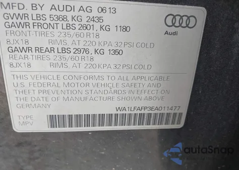 2014 Audi Q5 2.0T Premium z USA, uszkodzony, nr VIN WA1LFAFP3EA011477